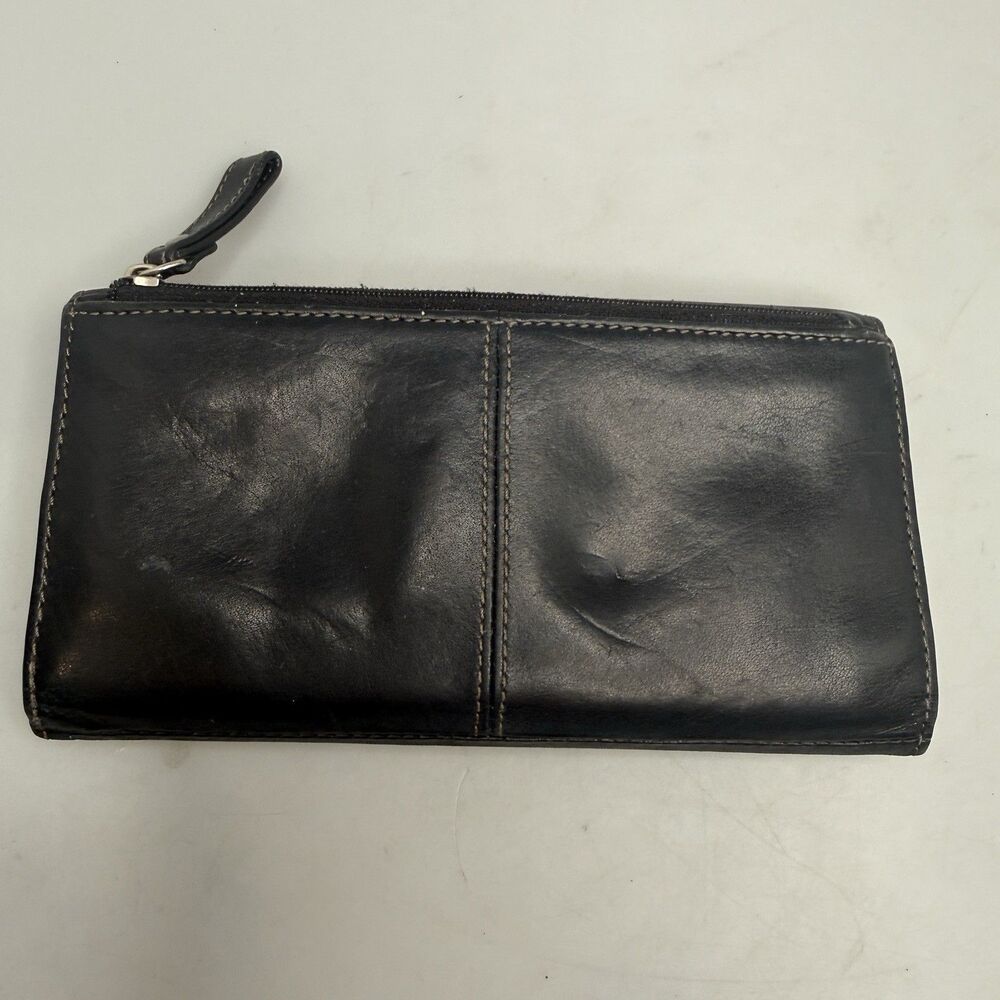 Fossil Black Leather Long Checkbook Card Holder Organizer Wallet Billfold - Picture 3 of 16